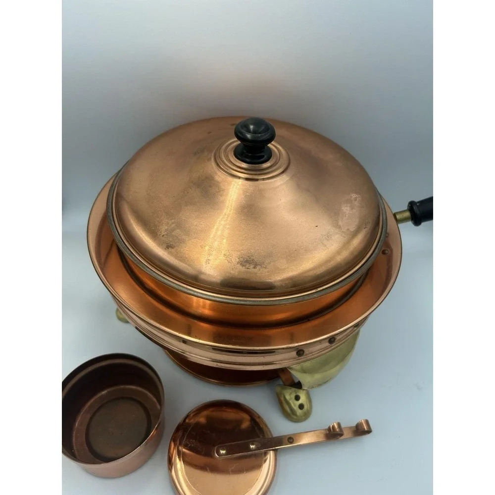 VTG Copper & Brass Patina Classic Chafing Dish Double Pan‎ Food Warmer Stand